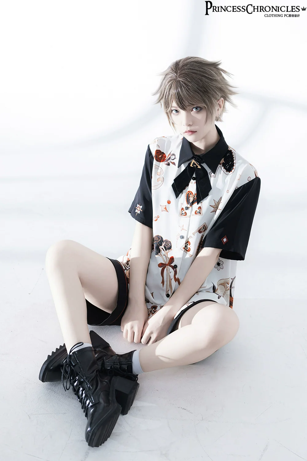 Floral Intoxication - Retro Ouji Lolita Shirt Floral Short Sleeve Shirt and Embroidered Black Shorts - Image 6