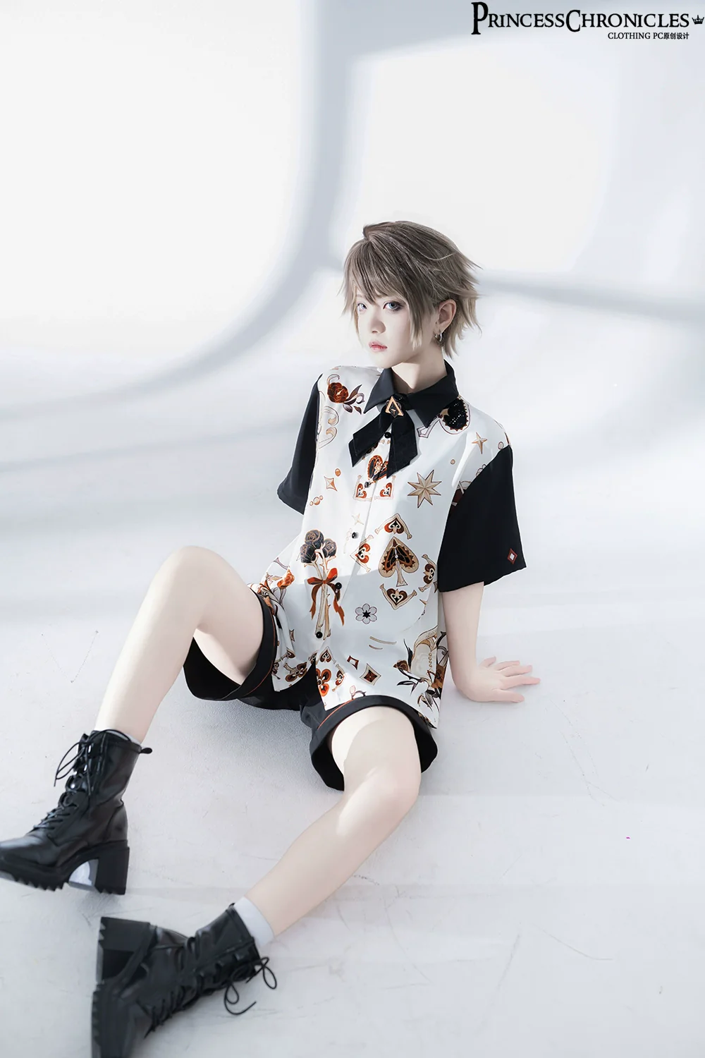 Floral Intoxication - Retro Ouji Lolita Shirt Floral Short Sleeve Shirt and Embroidered Black Shorts - Image 7