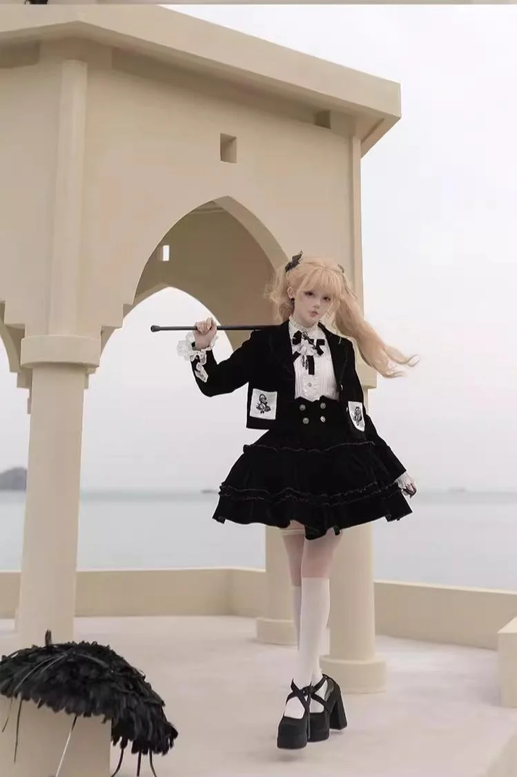 Erosion Heart F-Type - Ouji Lolita Suit Black Velvet Shorts and Skirt - Image 10