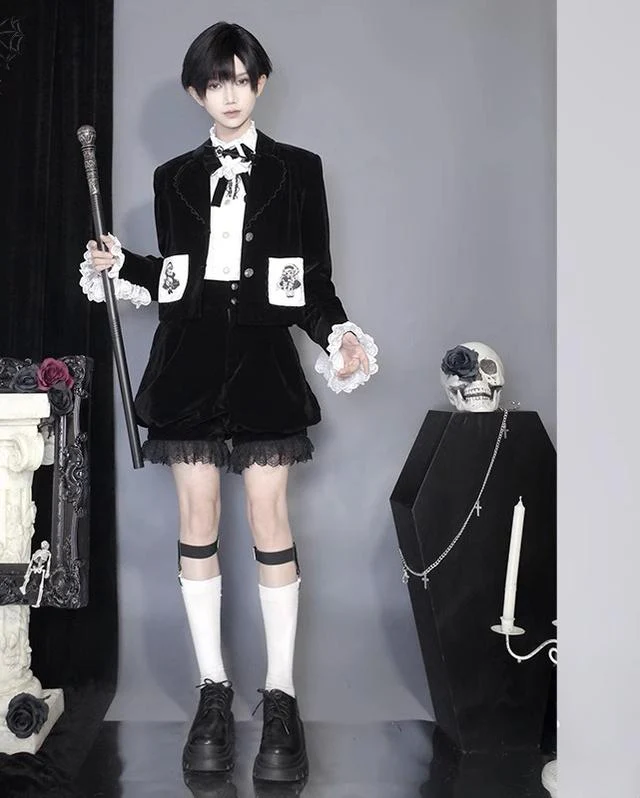 Erosion Heart F-Type - Ouji Lolita Suit Black Velvet Shorts and Skirt - Image 12
