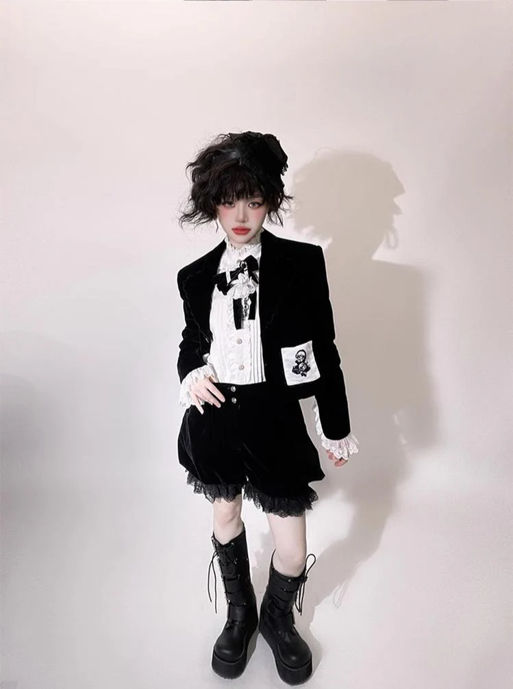 Erosion Heart F-Type - Ouji Lolita Suit Black Velvet Shorts and Skirt - Image 30