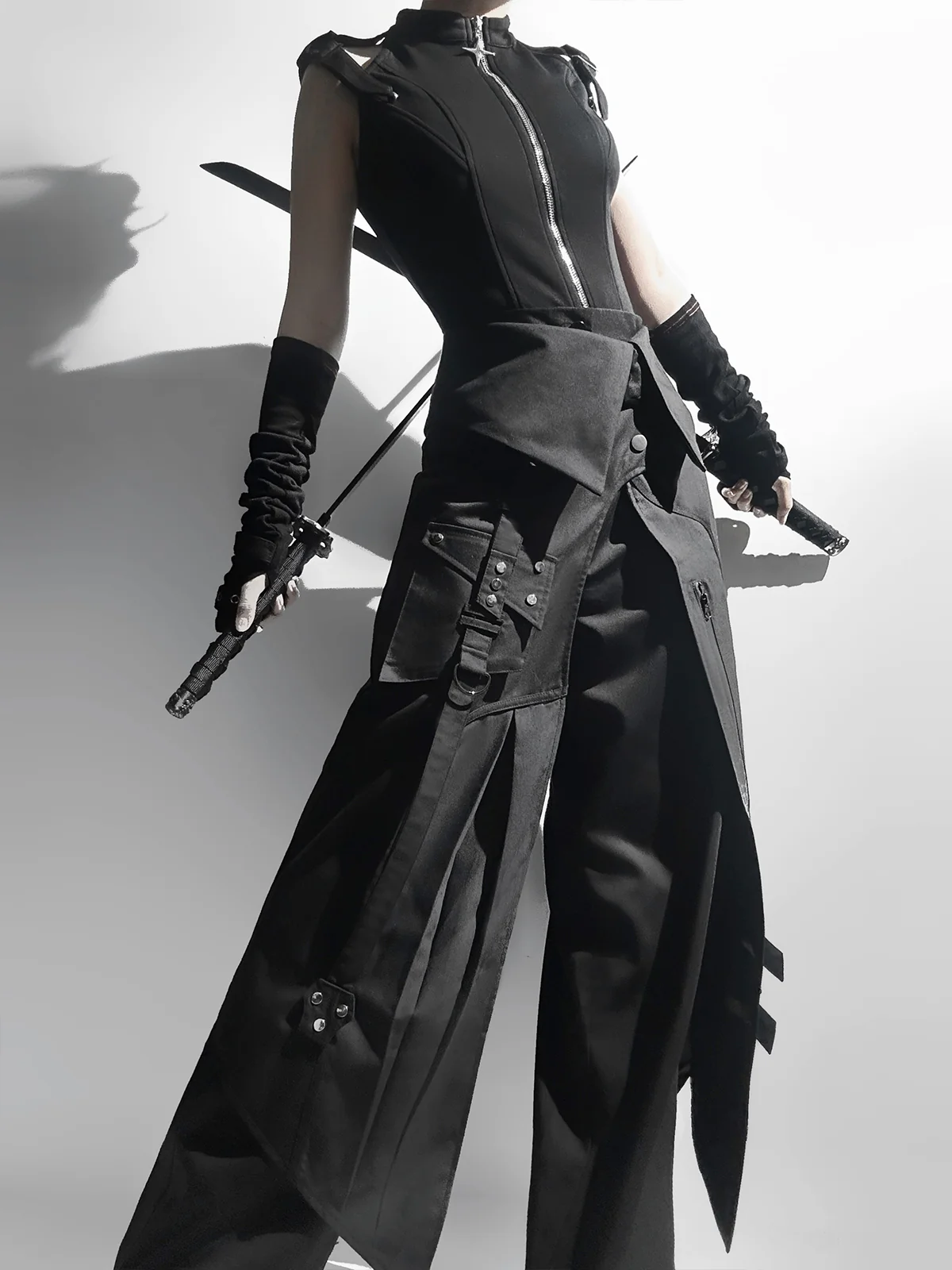 Nightblade - Black Ouji Lolita Apron Pants Suit - Image 3