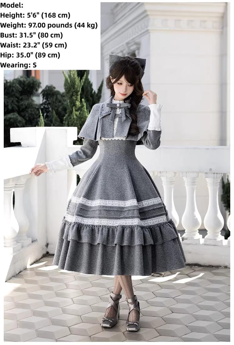 Reminisce - Pile Classic Lolita Dress, Detachable Cape - Image 13