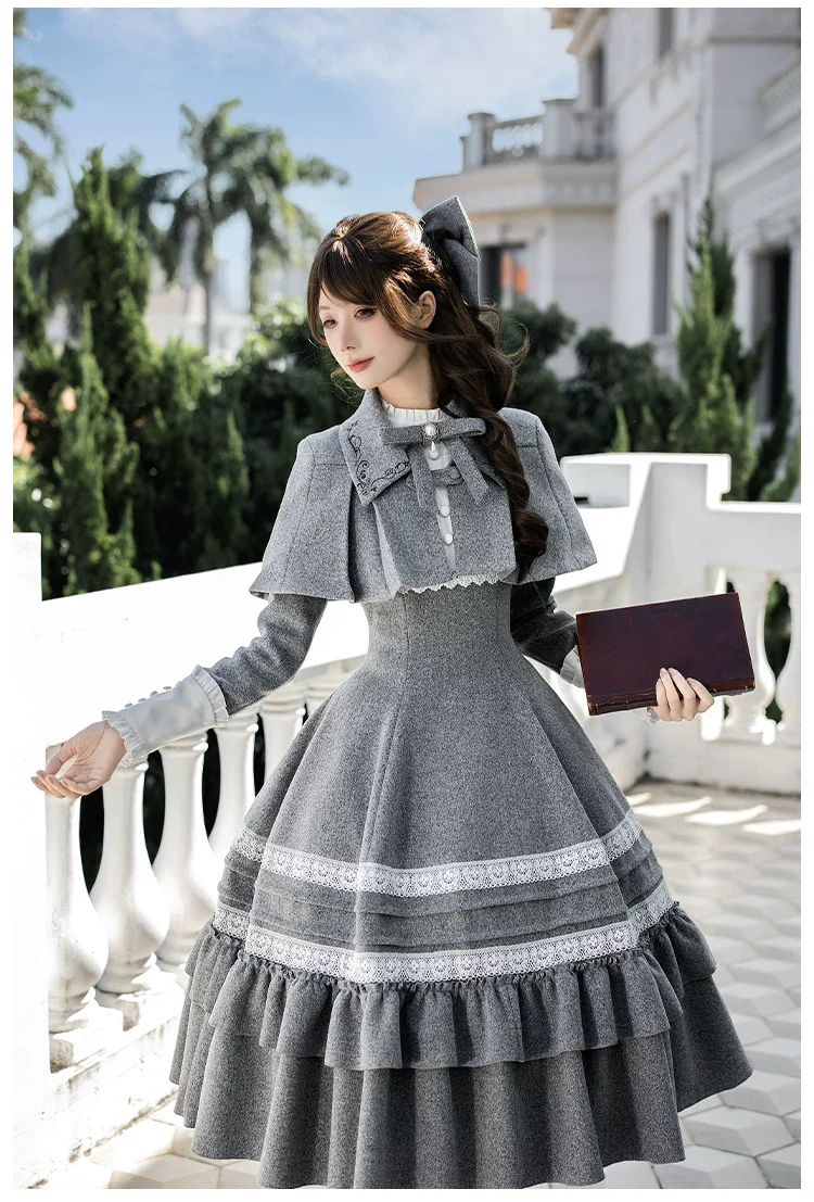 Reminisce - Pile Classic Lolita Dress, Detachable Cape - Image 14
