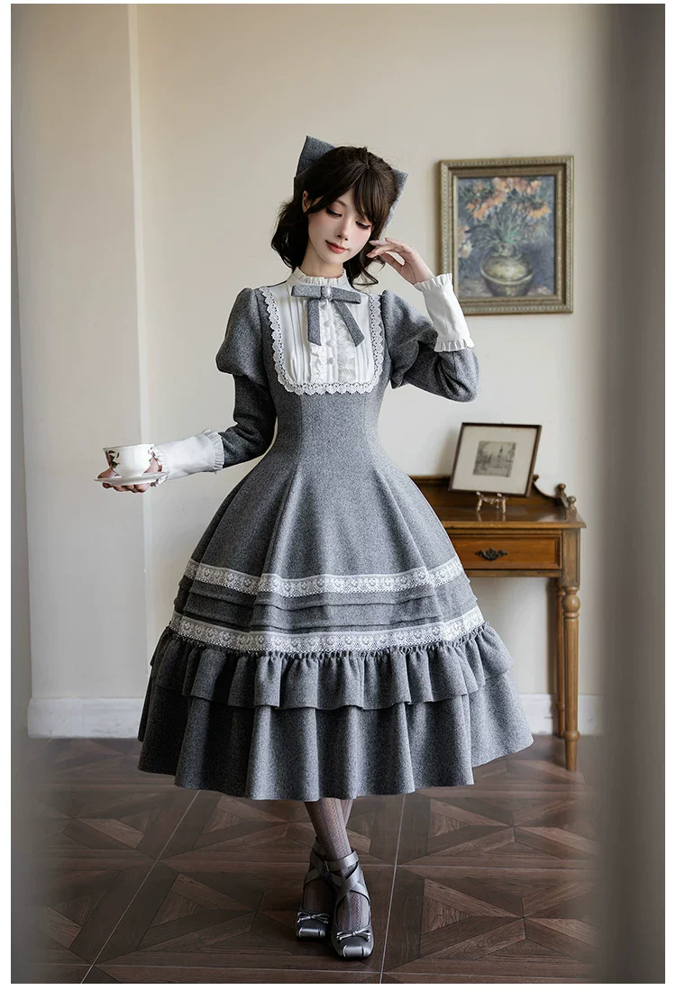 Reminisce - Pile Classic Lolita Dress, Detachable Cape - Image 15