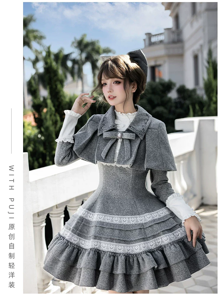 Reminisce - Pile Classic Lolita Dress, Detachable Cape - Image 19