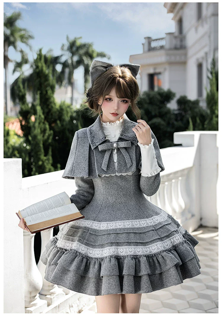 Reminisce - Pile Classic Lolita Dress, Detachable Cape - Image 20