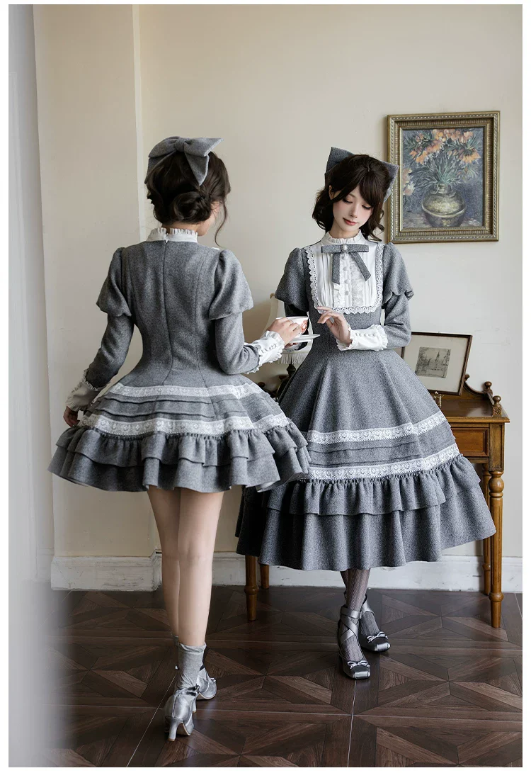 Reminisce - Pile Classic Lolita Dress, Detachable Cape - Image 3