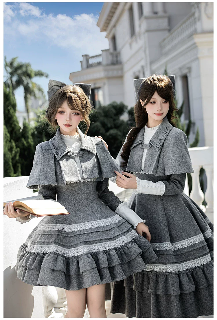 Reminisce - Pile Classic Lolita Dress, Detachable Cape - Image 5