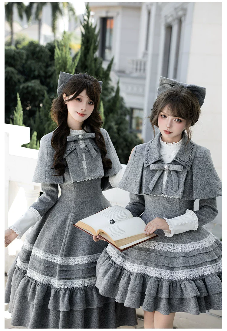 Reminisce - Pile Classic Lolita Dress, Detachable Cape - Image 8