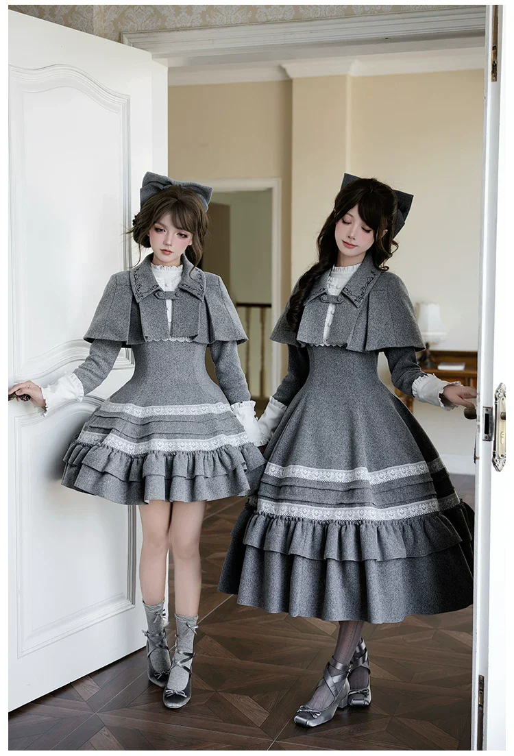 Reminisce - Pile Classic Lolita Dress, Detachable Cape - Image 9