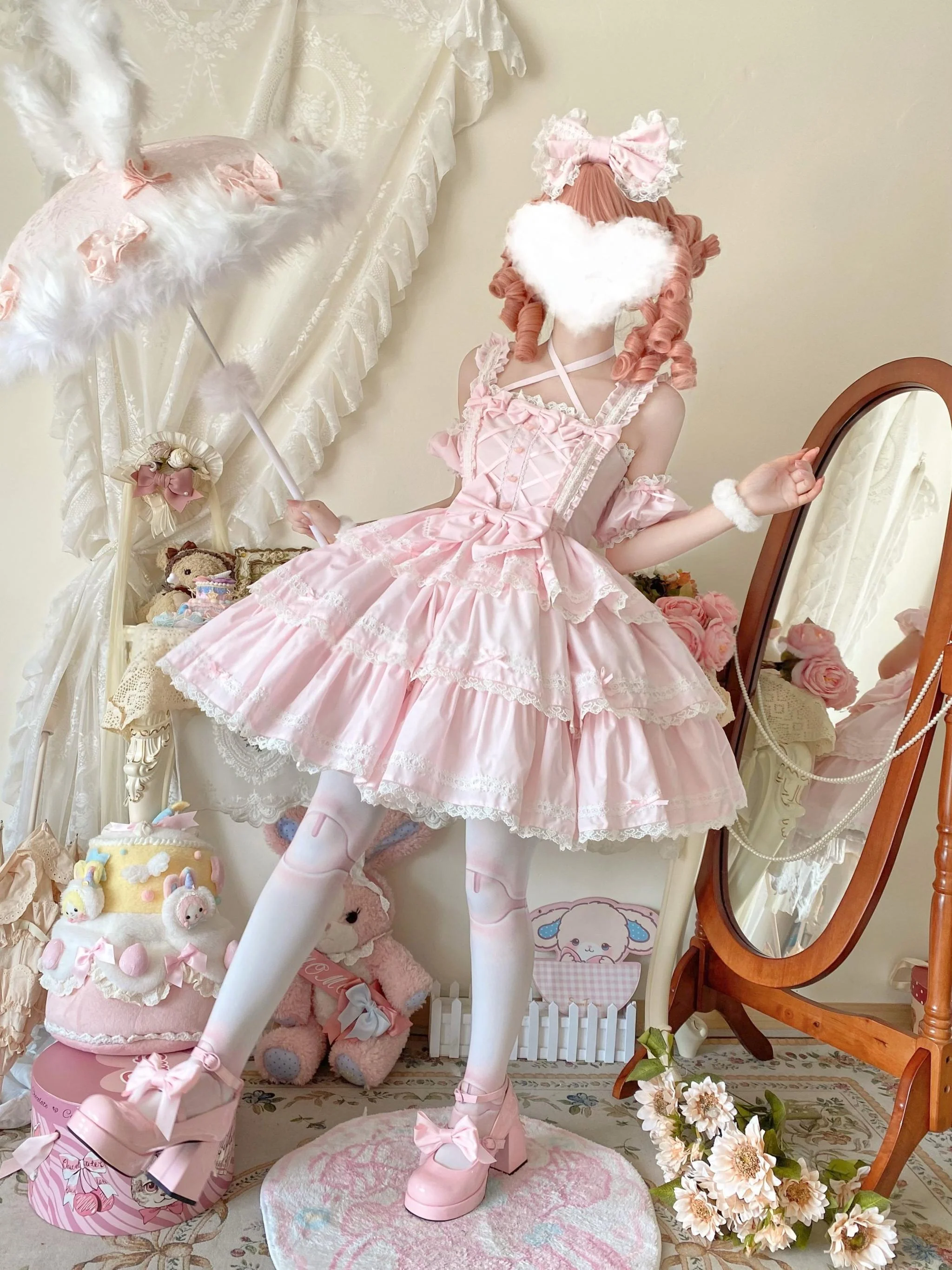 Rose Romance - Pink Sweet Lolita JSK Dress, Tiered Hem - Image 3
