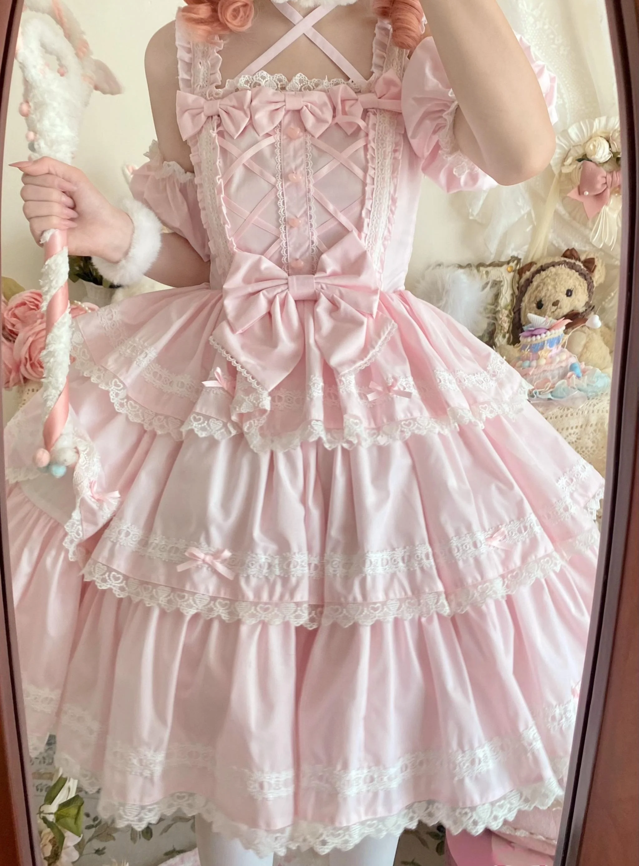 Rose Romance - Pink Sweet Lolita JSK Dress, Tiered Hem - Image 4