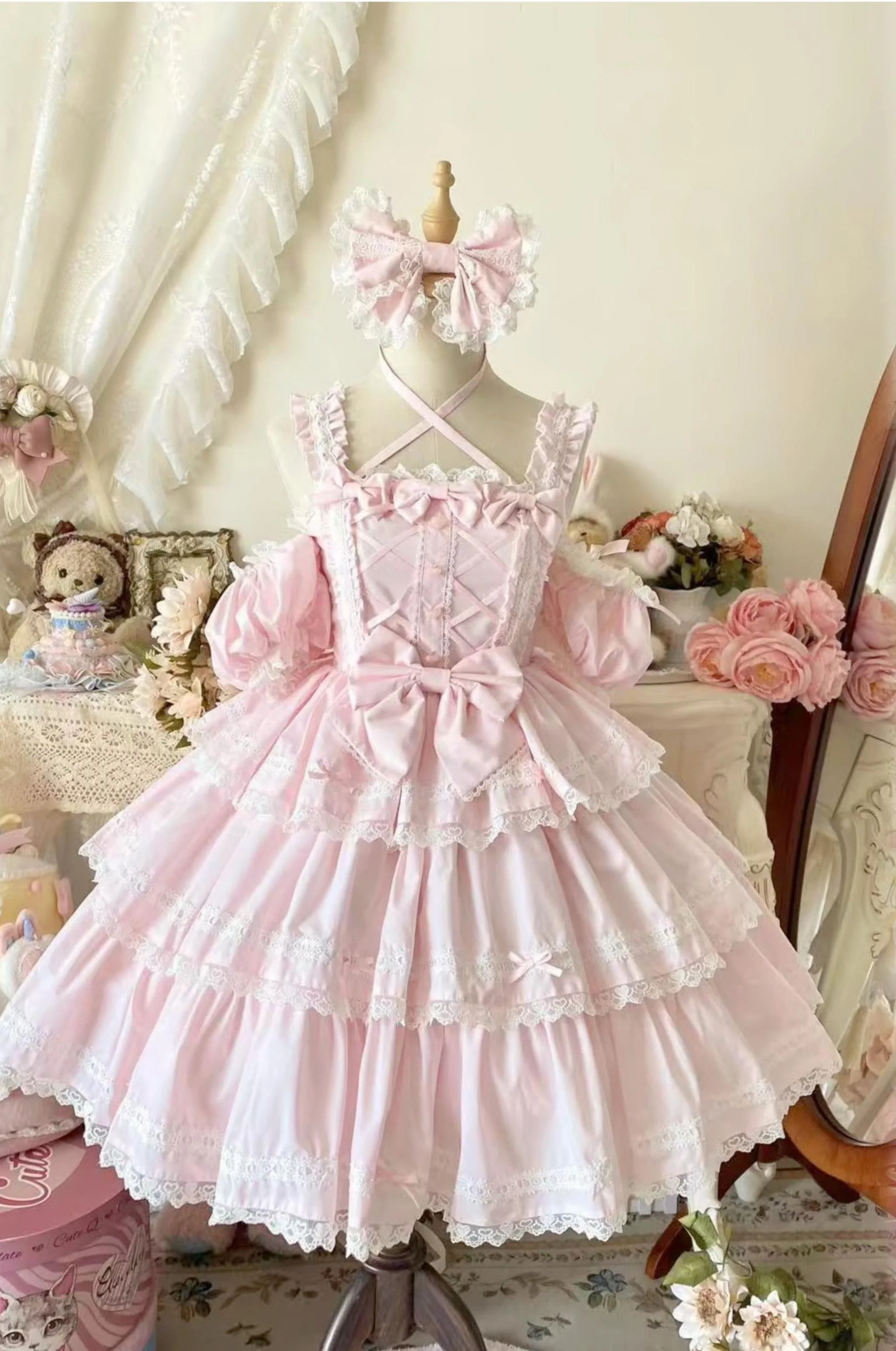 Rose Romance - Pink Sweet Lolita JSK Dress, Tiered Hem - Image 7