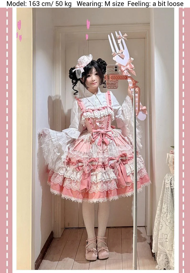 Qianmu - Girl's Secret - Pink Sweet Lolita JSK Dress with Lace and Bow Trailing - Image 10