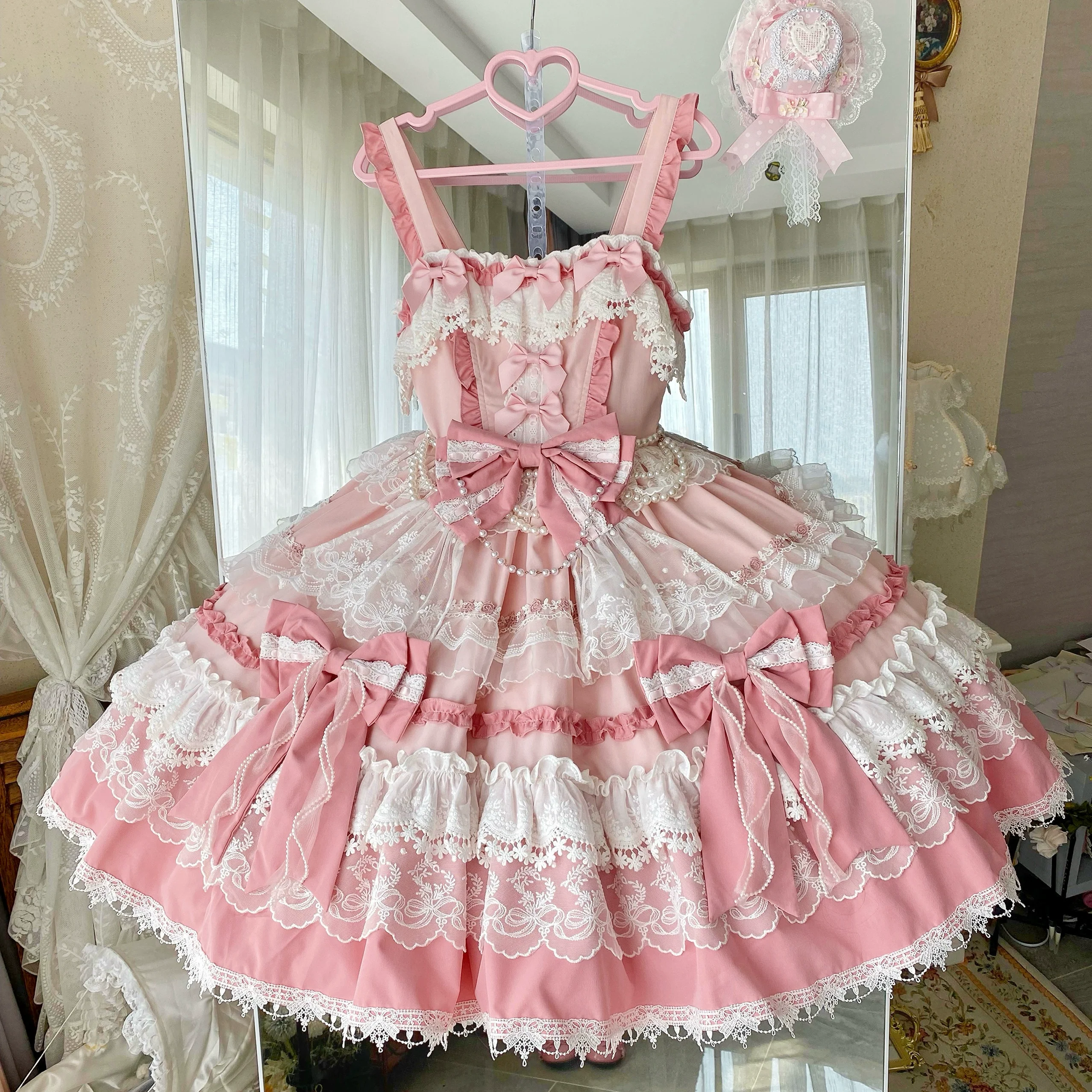 Qianmu - Girl's Secret - Pink Sweet Lolita JSK Dress with Lace and Bow Trailing - Image 12