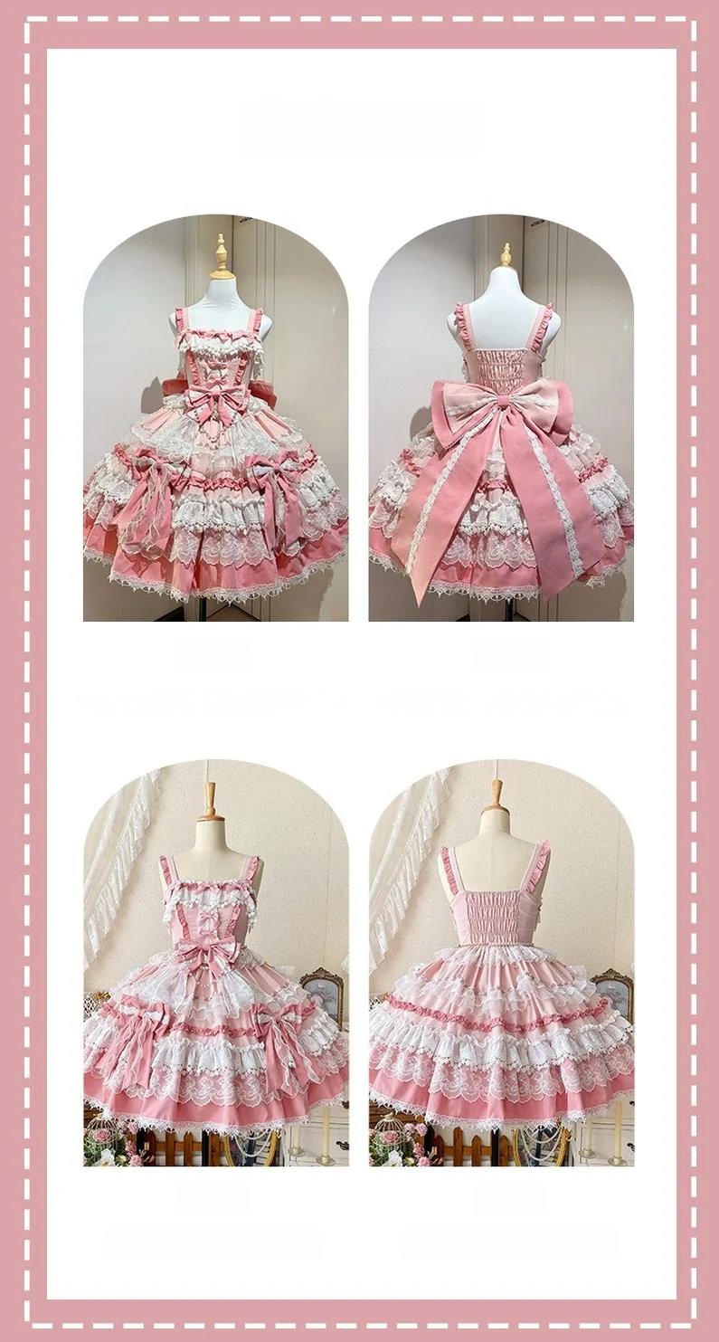 Qianmu - Girl's Secret - Pink Sweet Lolita JSK Dress with Lace and Bow Trailing - Image 13
