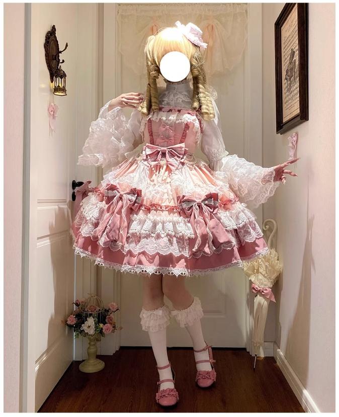 Qianmu - Girl's Secret - Pink Sweet Lolita JSK Dress with Lace and Bow Trailing - Image 6