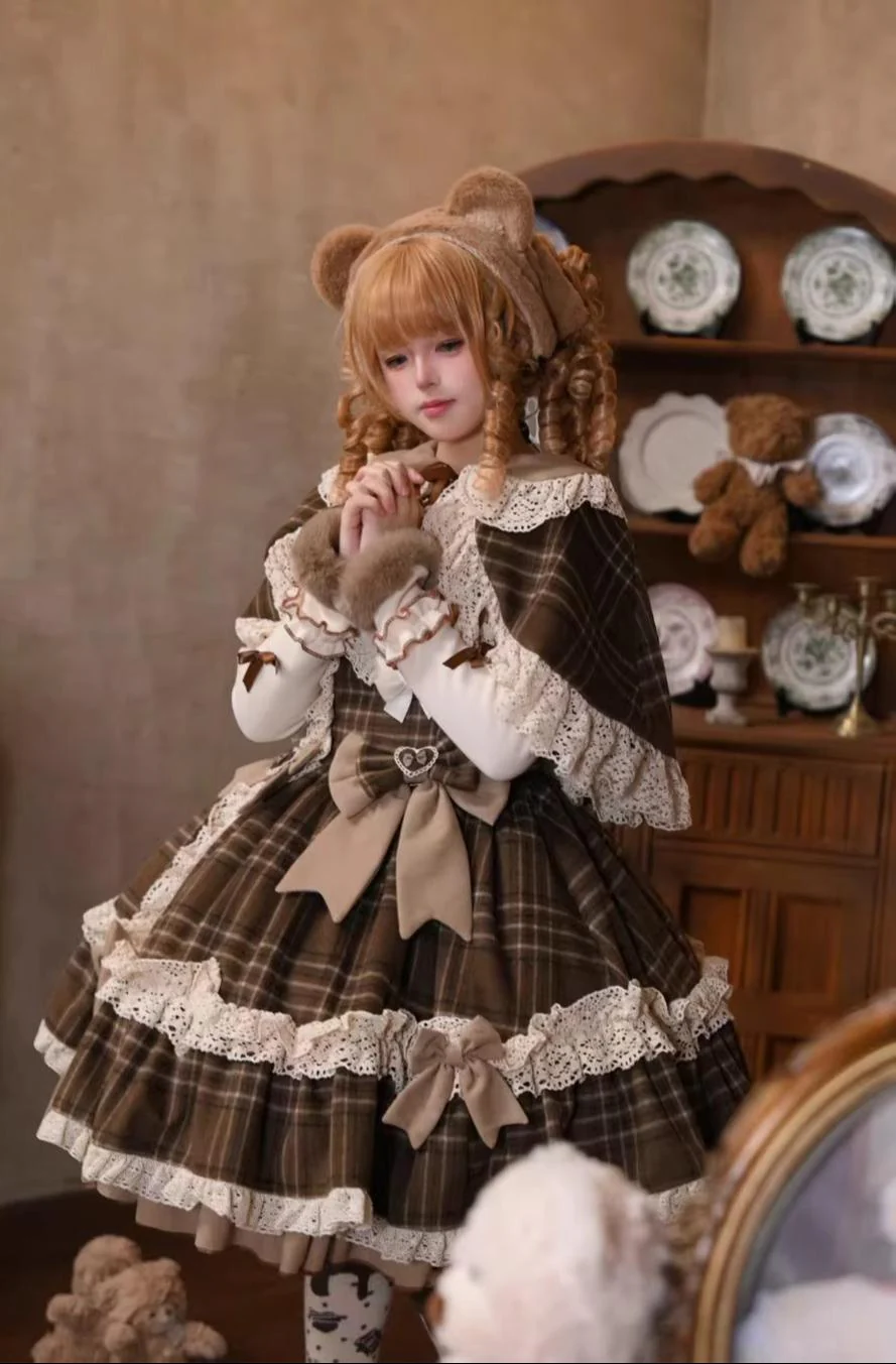 Choco Chestnut - Plaid Kawaii Lolita JSK Dress, Peter Pan Collar Cape - Image 10