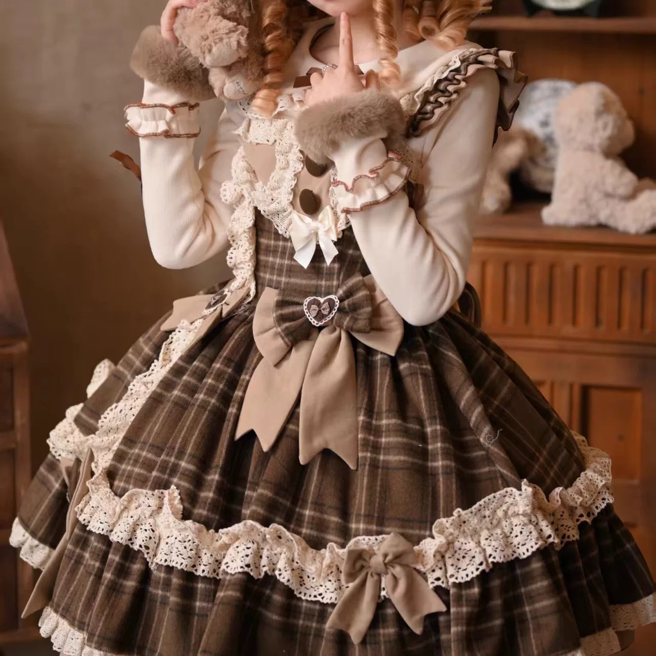 Choco Chestnut - Plaid Kawaii Lolita JSK Dress, Peter Pan Collar Cape - Image 13
