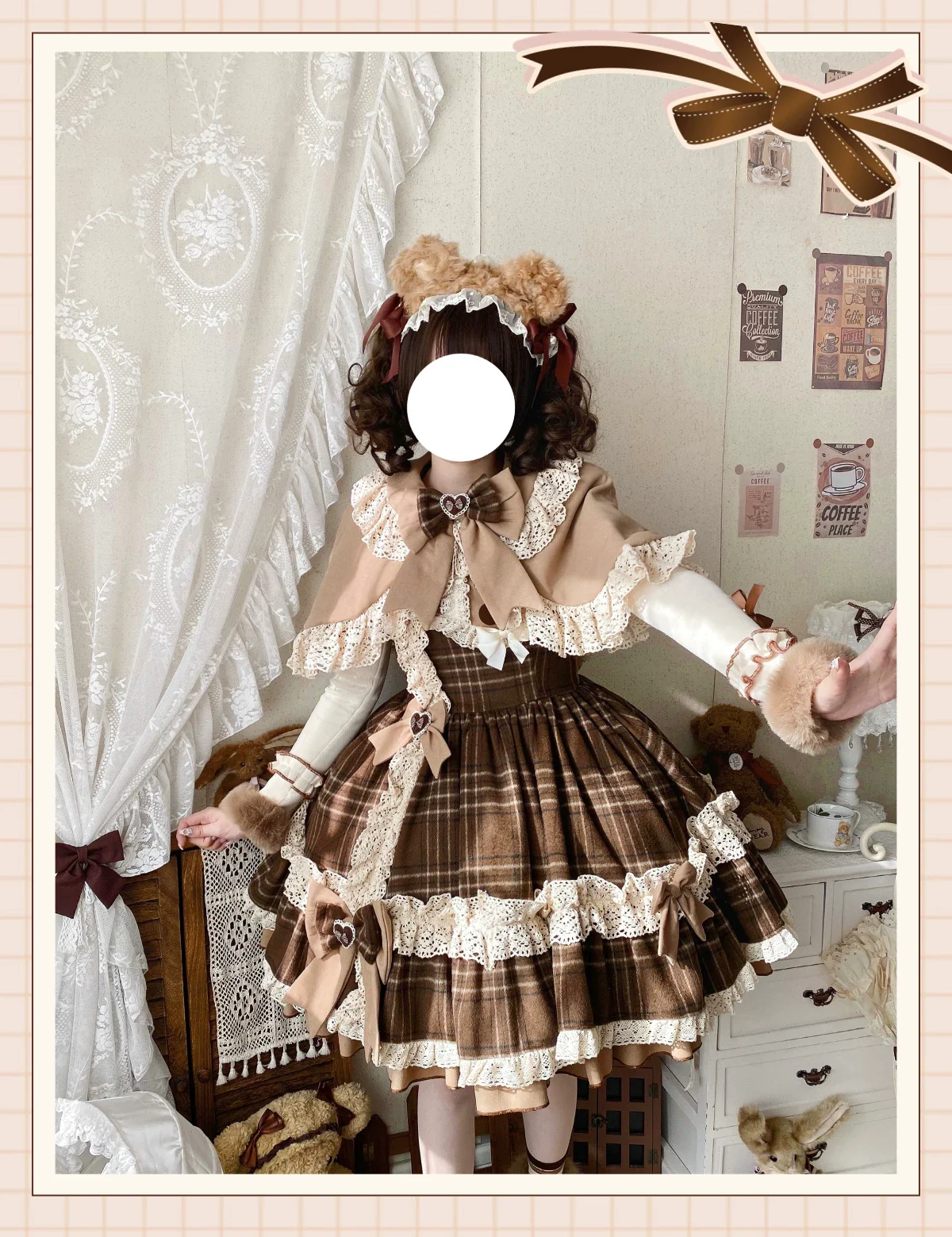 Choco Chestnut - Plaid Kawaii Lolita JSK Dress, Peter Pan Collar Cape - Image 15
