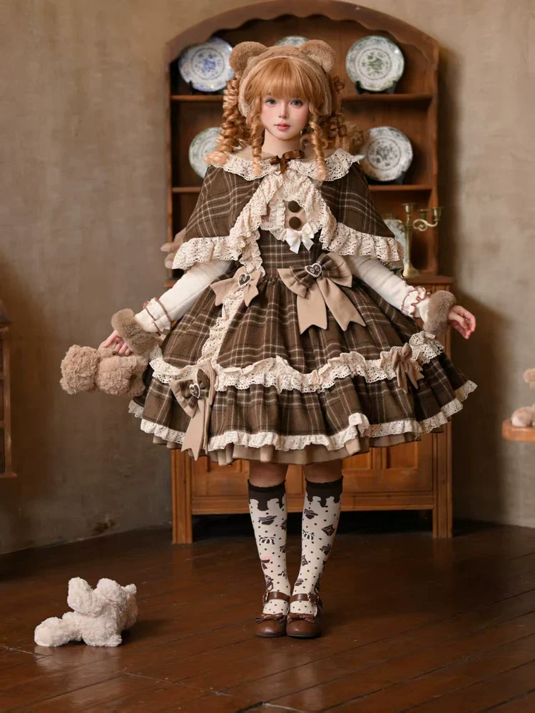 Choco Chestnut - Plaid Kawaii Lolita JSK Dress, Peter Pan Collar Cape - Image 2