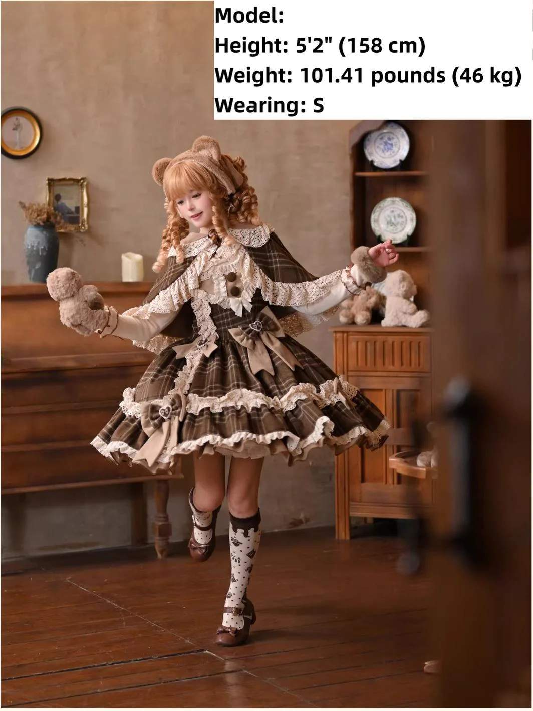 Choco Chestnut - Plaid Kawaii Lolita JSK Dress, Peter Pan Collar Cape - Image 3