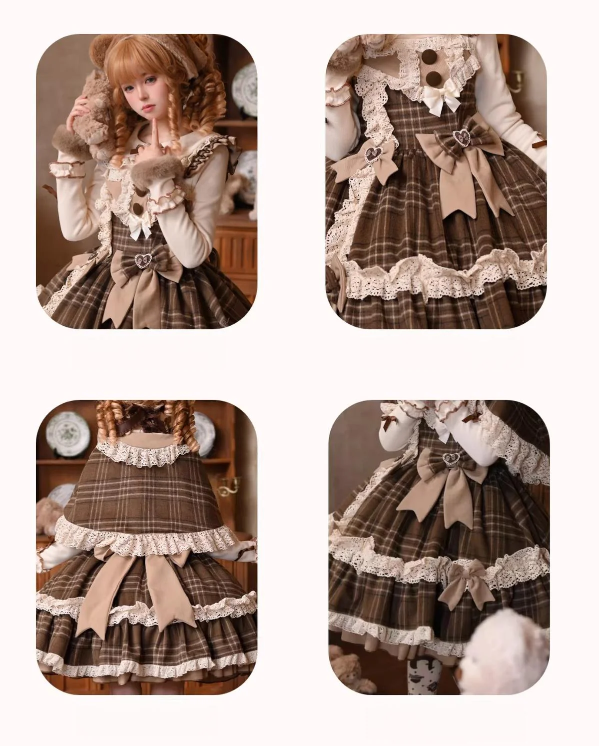 Choco Chestnut - Plaid Kawaii Lolita JSK Dress, Peter Pan Collar Cape - Image 8