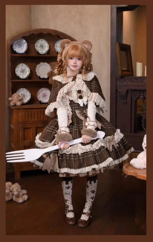 Choco Chestnut - Plaid Kawaii Lolita JSK Dress, Peter Pan Collar Cape - Image 9