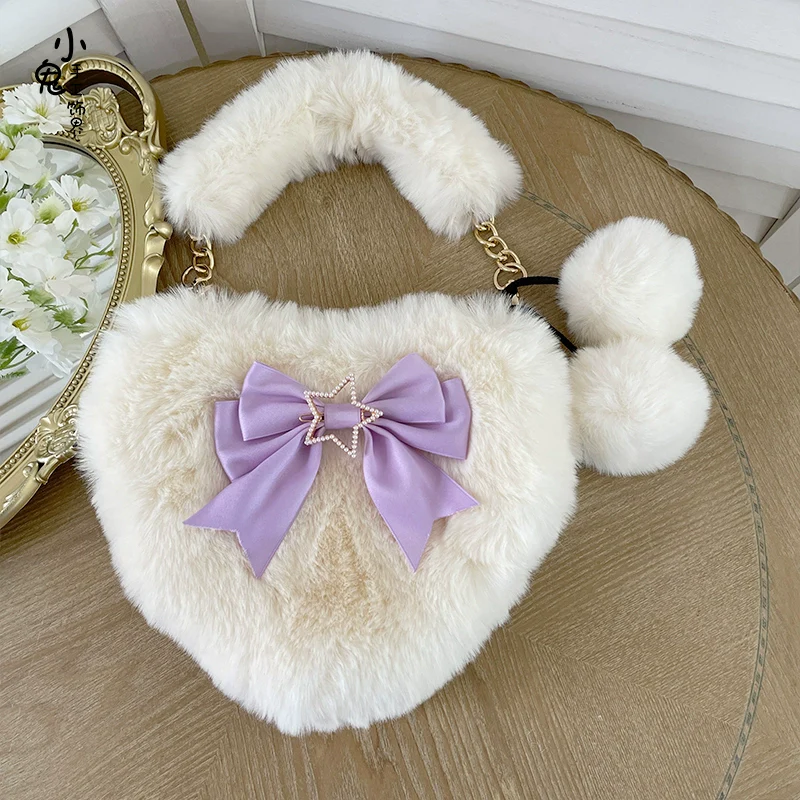 Xiaogui - Plush Heart-Shaped Lolita Bag, Detachable Bow - Image 10