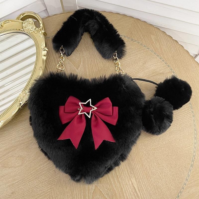 Xiaogui - Plush Heart-Shaped Lolita Bag, Detachable Bow - Image 2
