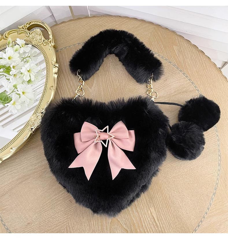 Xiaogui - Plush Heart-Shaped Lolita Bag, Detachable Bow - Image 3