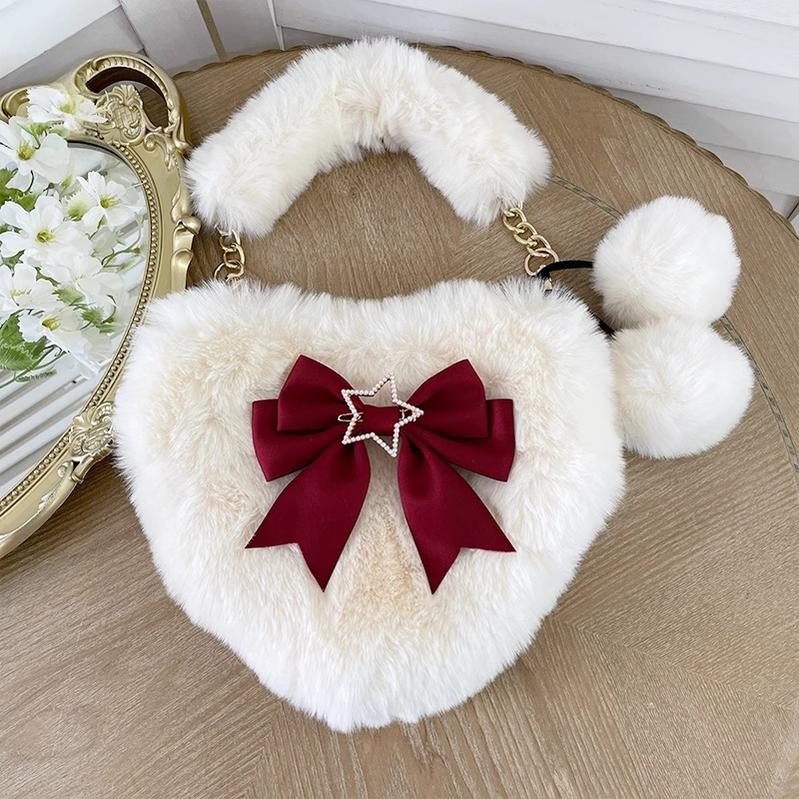 Xiaogui - Plush Heart-Shaped Lolita Bag, Detachable Bow - Image 5