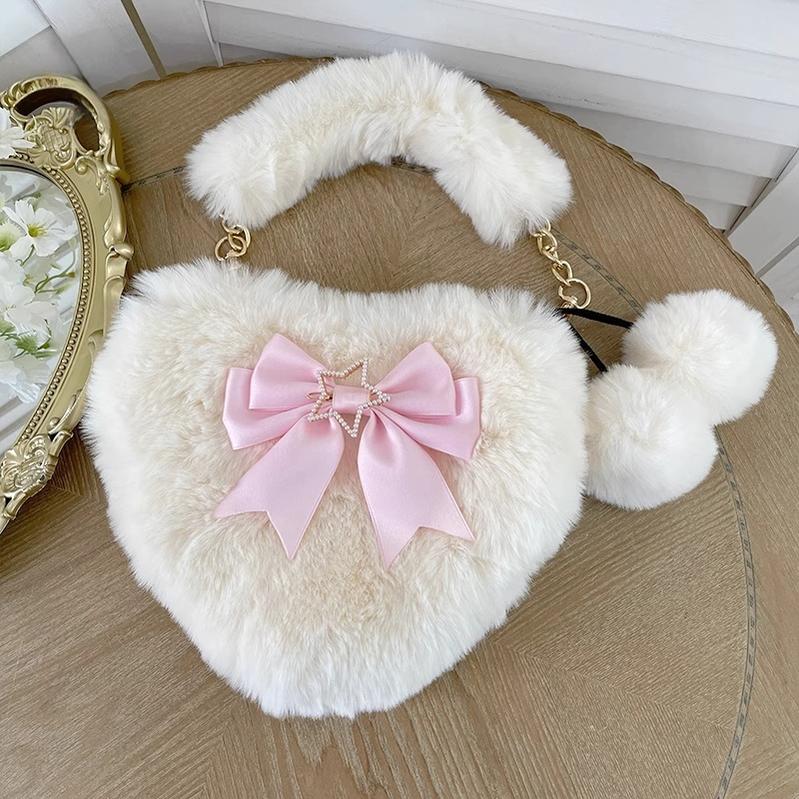 Xiaogui - Plush Heart-Shaped Lolita Bag, Detachable Bow - Image 8
