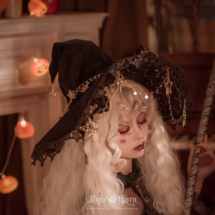 Rose Thorn - Polar Night Sky - Halloween Gorgeous Gilding Lolita Witch Hat - Image 3