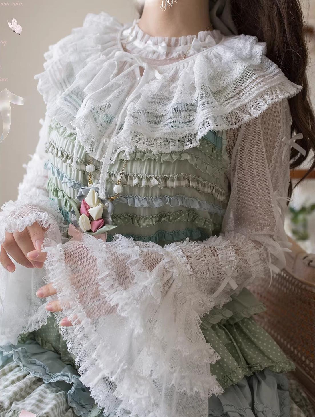 Vernal Feast - Polka Dot Lolita Blouse, Ruffled False Collar - Image 4