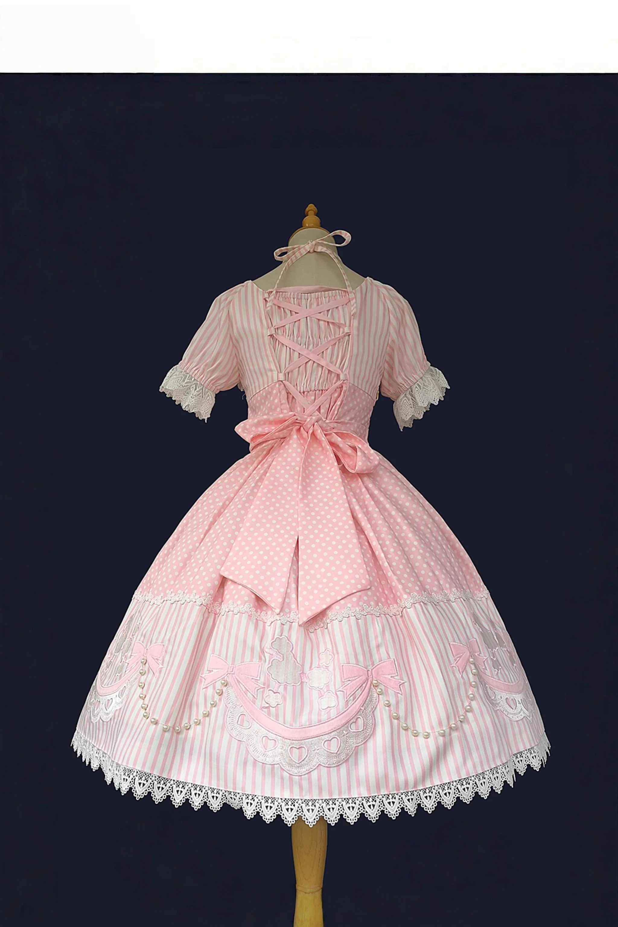 Poodle - Polka Dot Old School Lolita OP Dress, Poodle Embroidery - Image 3