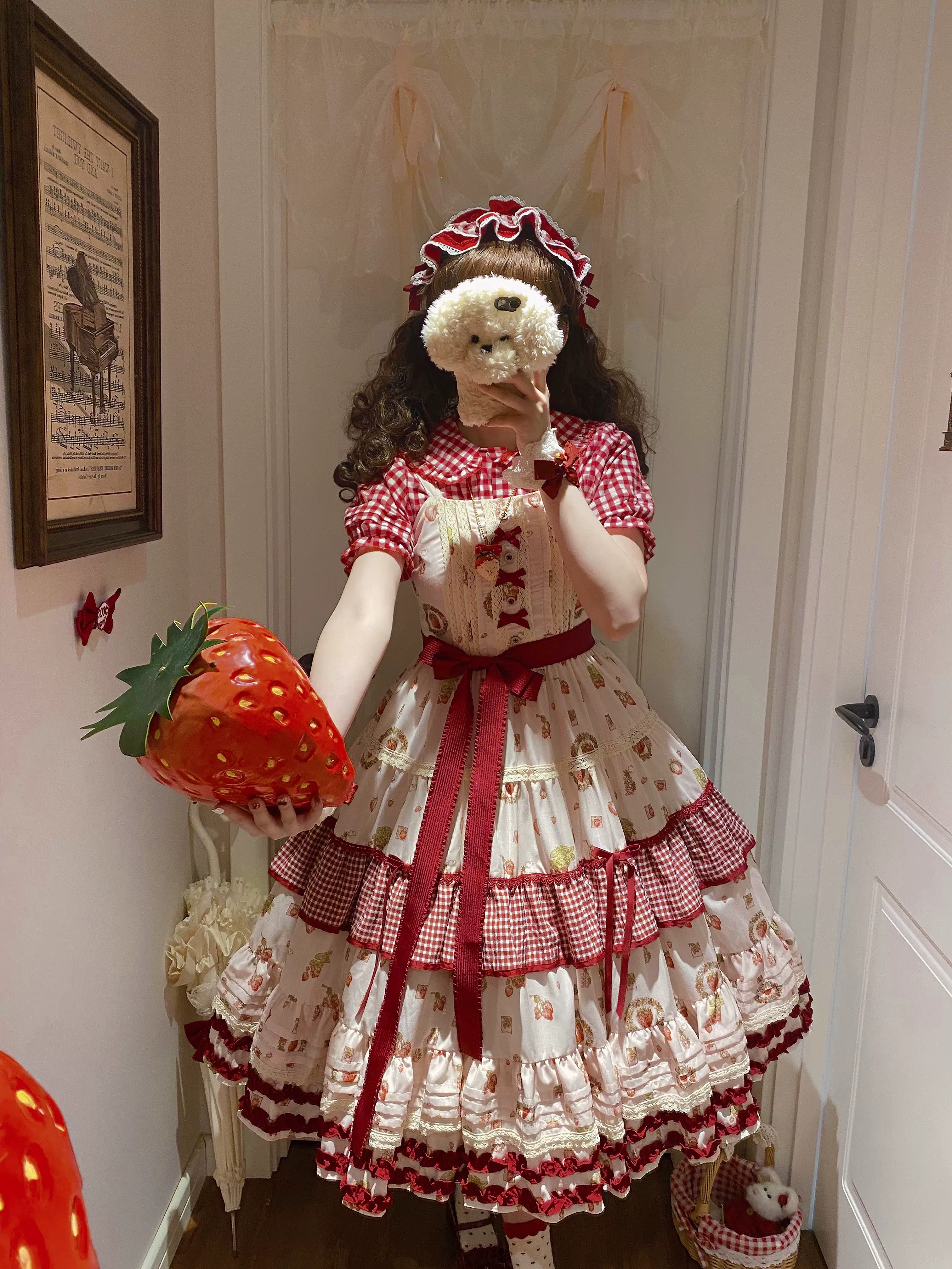 Skyfaring Strawberry - Printed Classic Lolita JSK Dress, Tired Hem - Image 4