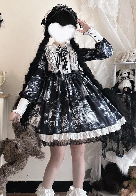 Antique Cat - Printed Gothic Lolita Dress, A-line Silhouette - Image 6