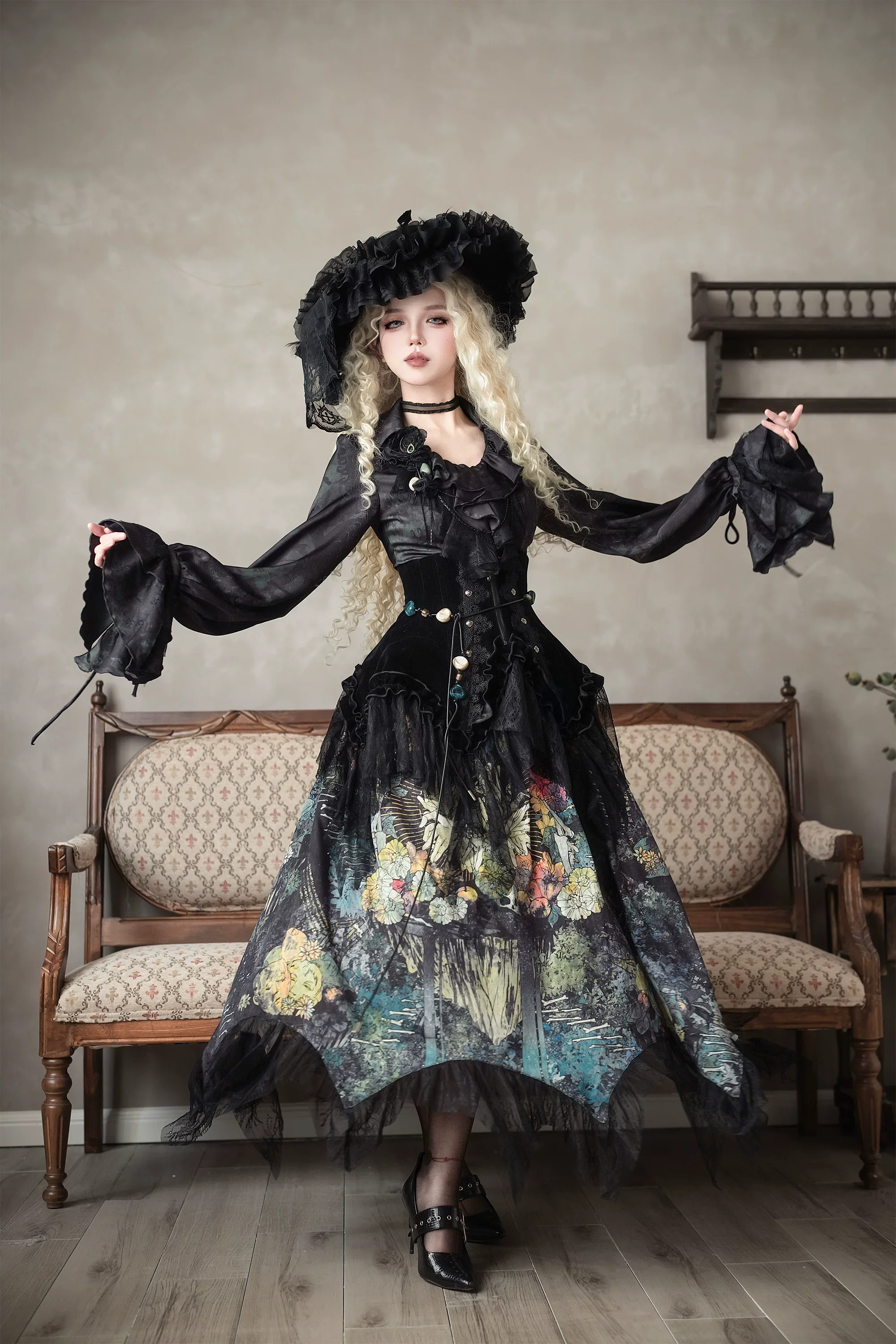 Bone Garden - Printed Gothic Lolita Skirt, Boning Corset - Image 13
