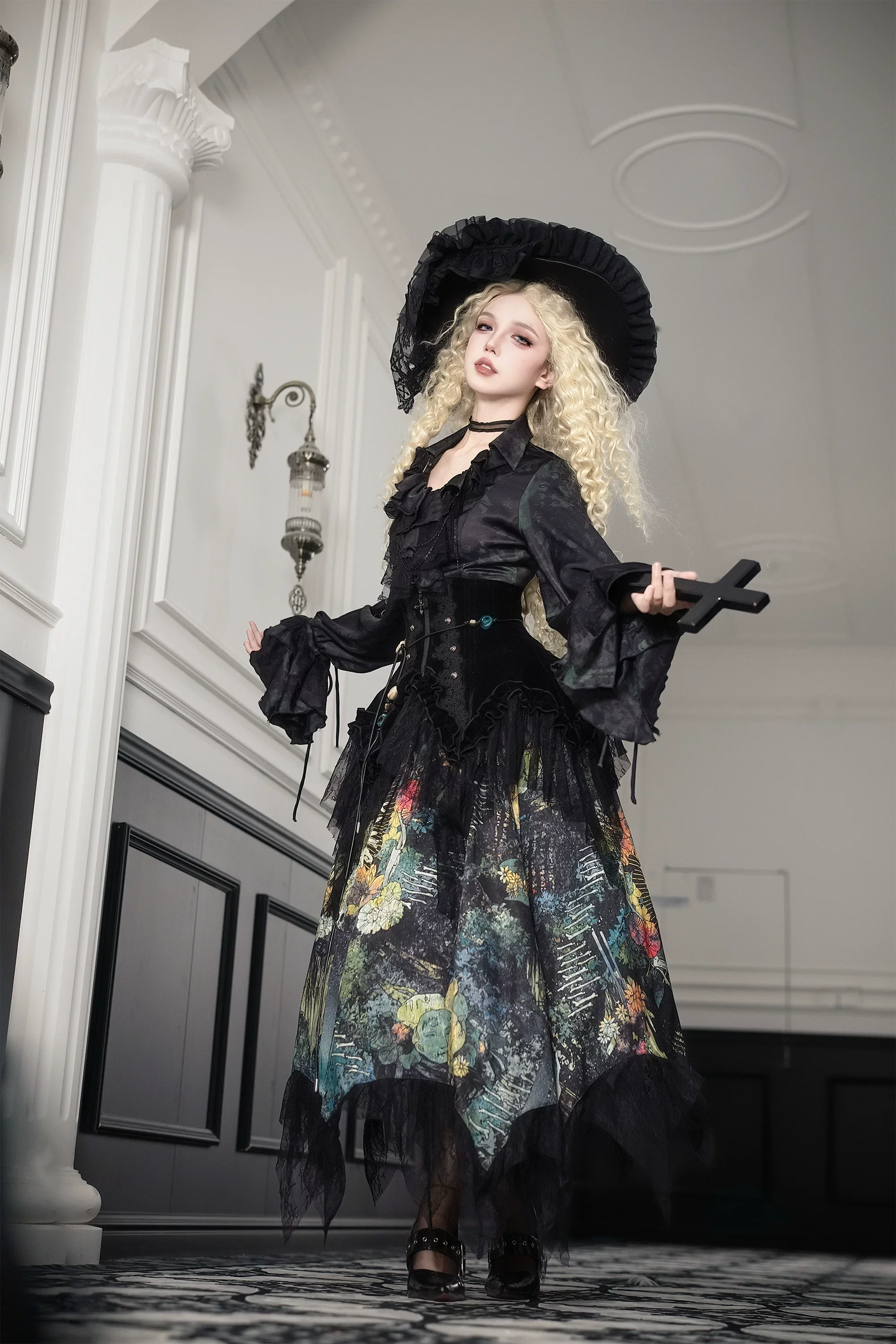 Bone Garden - Printed Gothic Lolita Skirt, Boning Corset - Image 15