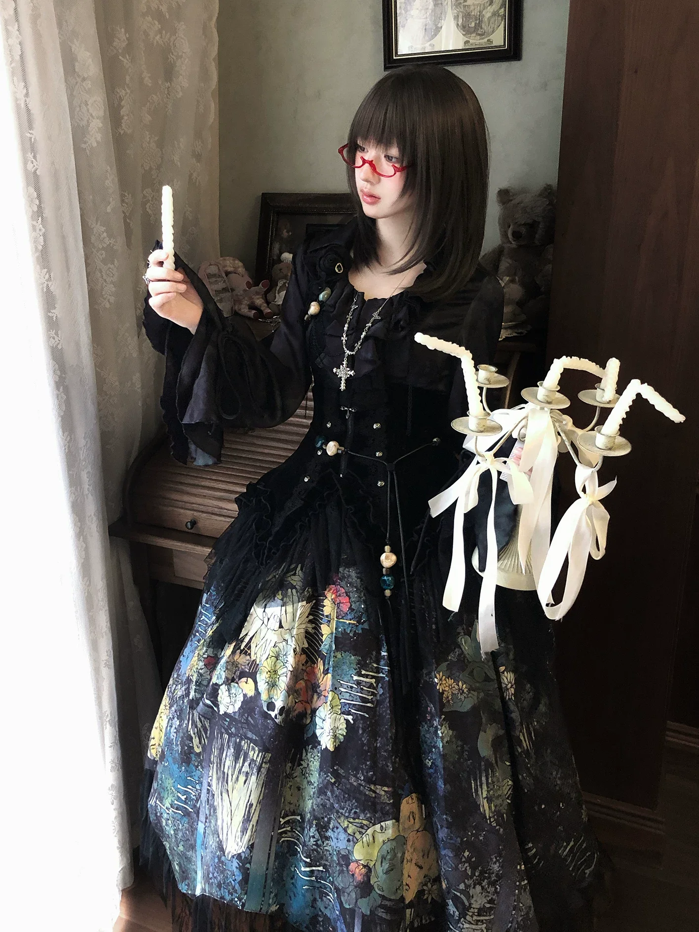 Bone Garden - Printed Gothic Lolita Skirt, Boning Corset - Image 16