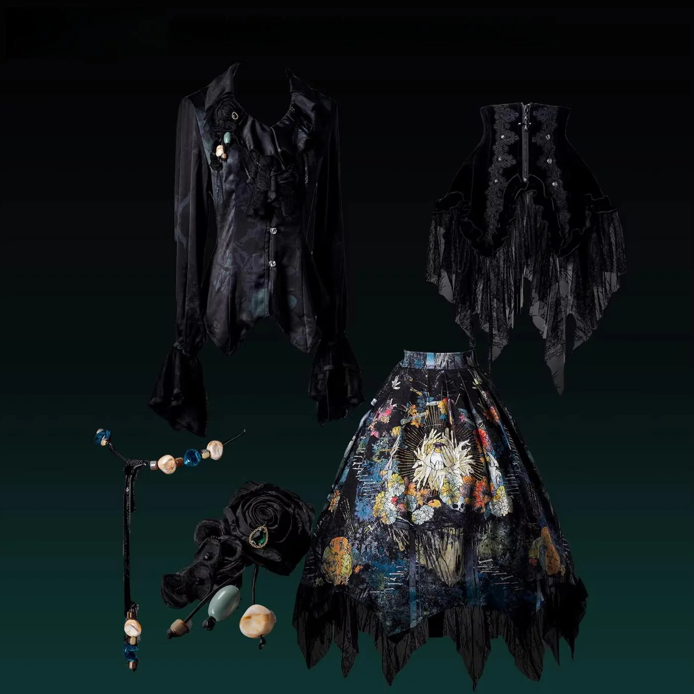 Bone Garden - Printed Gothic Lolita Skirt, Boning Corset - Image 23