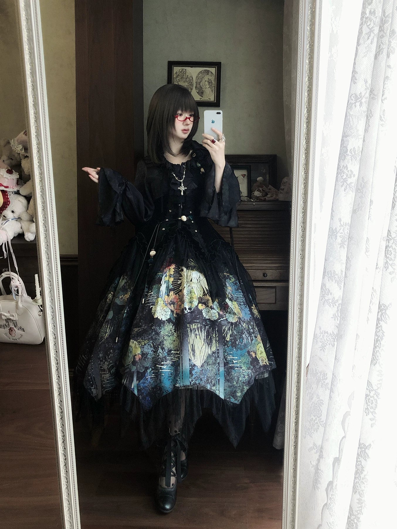 Bone Garden - Printed Gothic Lolita Skirt, Boning Corset - Image 6