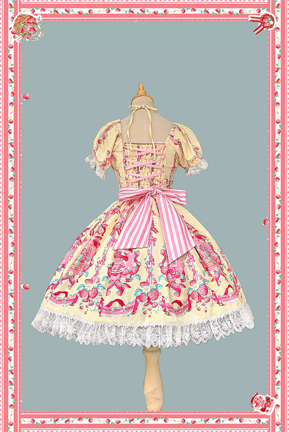 Strawberry Chef - Printed Old School Lolita Dress, Detachable Bows - Image 10