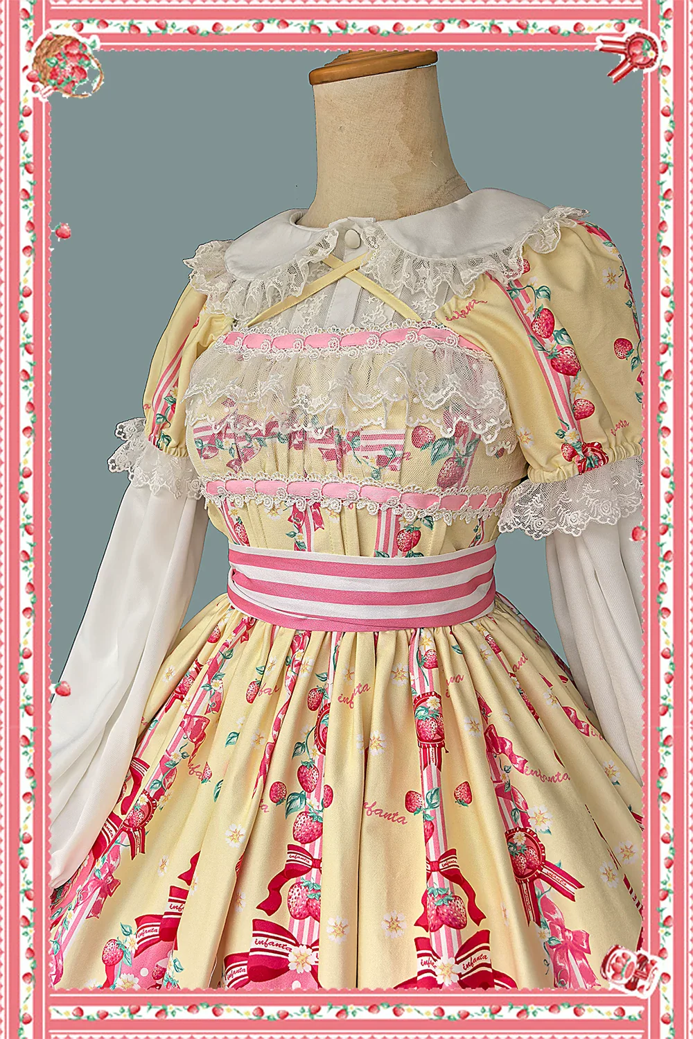 Strawberry Chef - Printed Old School Lolita Dress, Detachable Bows - Image 11