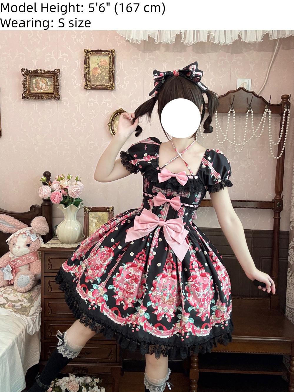 Strawberry Chef - Printed Old School Lolita Dress, Detachable Bows - Image 12