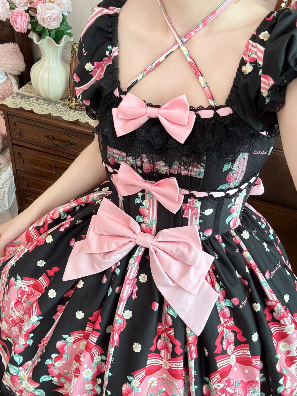 Strawberry Chef - Printed Old School Lolita Dress, Detachable Bows - Image 13