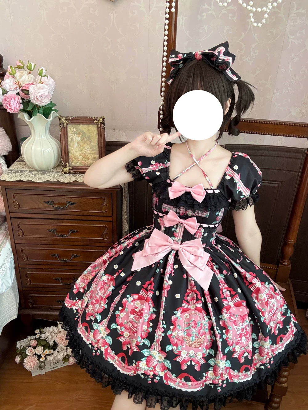 Strawberry Chef - Printed Old School Lolita Dress, Detachable Bows - Image 14