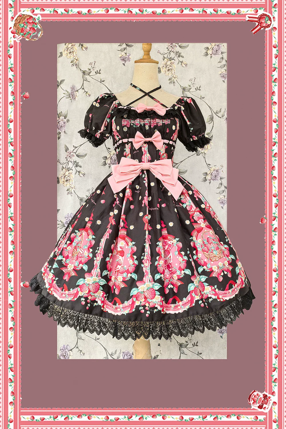 Strawberry Chef - Printed Old School Lolita Dress, Detachable Bows - Image 15